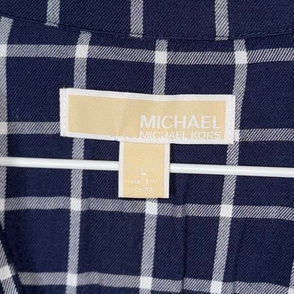 Michael Michael Kors Plaid Blouse Women’s L Navy White Gold Button Top Work - Picture 8 of 14